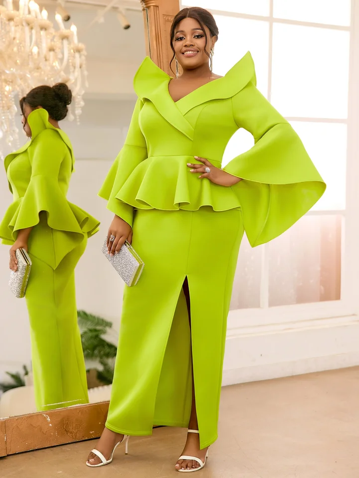 Ženské retro zelené elegantné skladané šaty v krk dlhé plachtové rukávy s vysokým pásmom Ruffle Slim Fit Slit Formal Evening Dinner Event Roupe