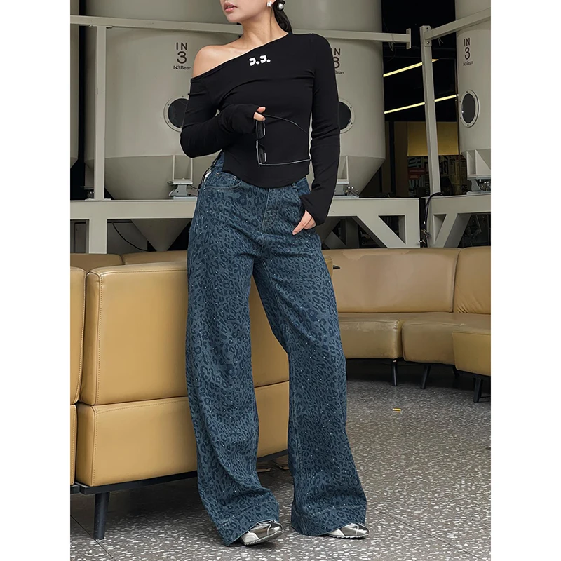 Ženské retro široké nohy vrecko Blue Casual Denim Trouser Harajuku estetický vysoký pás voľný džínsy 2024 Jeseň leopard