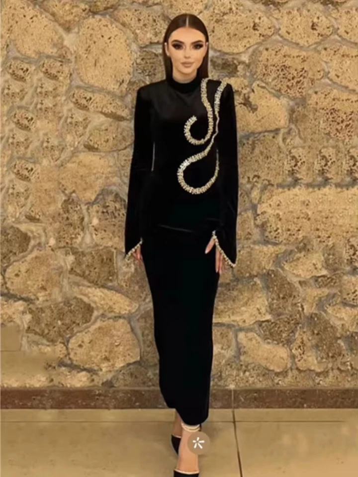 Ženské sexy rolák Diamonds Black Maxi Long Bodycon Bandage Dress 2024 Zimná celebrita elegantné šaty Evening Club Party šaty