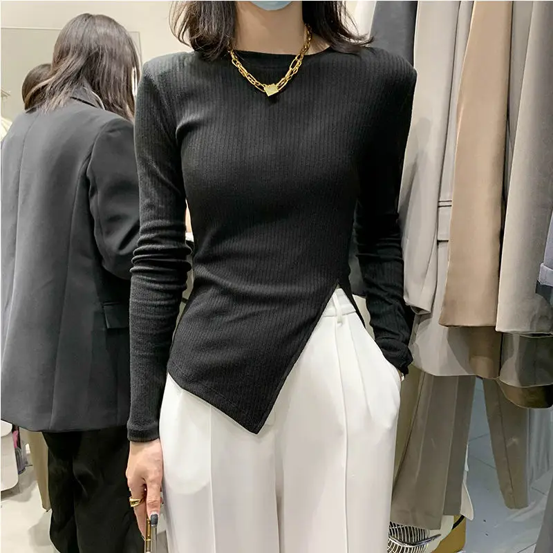 Ženské tričká Bočné štrbina nepravidelné tričko s dlhým rukávom Žena jesenný okrúhly krk Pullover Tops Mujer Camisetas