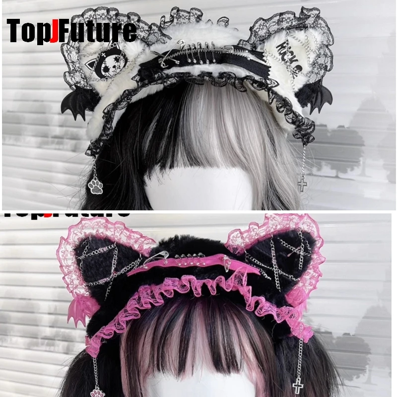 Ženské čipky y2k dievčatá gotické lolita cosplay harajuku krídla čipka čelenka s mačkami čelenka lolita punk cosplay čelenka