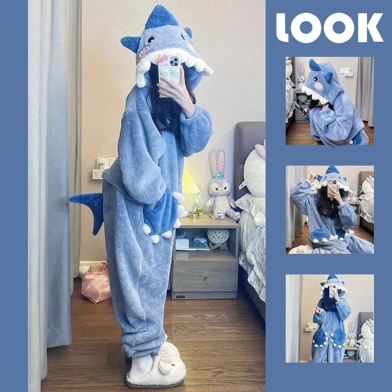 Ženské žralok pyžamy karikatúry kostýmy cosplay flanel s kapucňou spánok