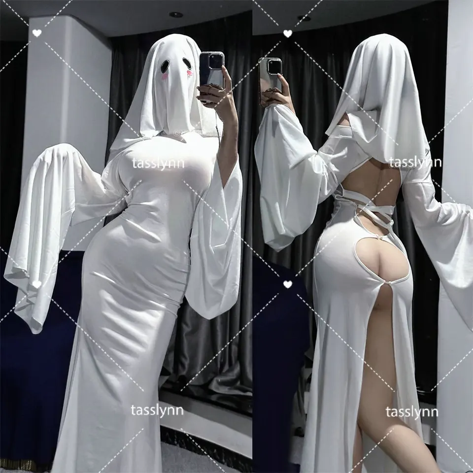 Ženský duch cosplay kostým Halloween strašidelný tvár Cape Scream Costume Dospelé ozdobné šaty Halloween Cosplay kostým