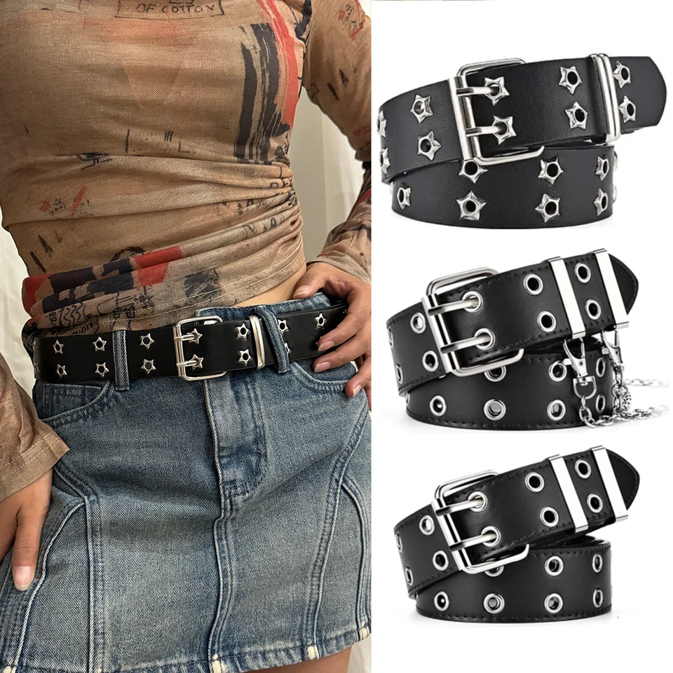Ženský pás veľkej veľkosti Dvojitá diera Men Muži punk hip hop rockový štýl subkultúra Y2K Belt Punch Free Belt pre mužov a ženy