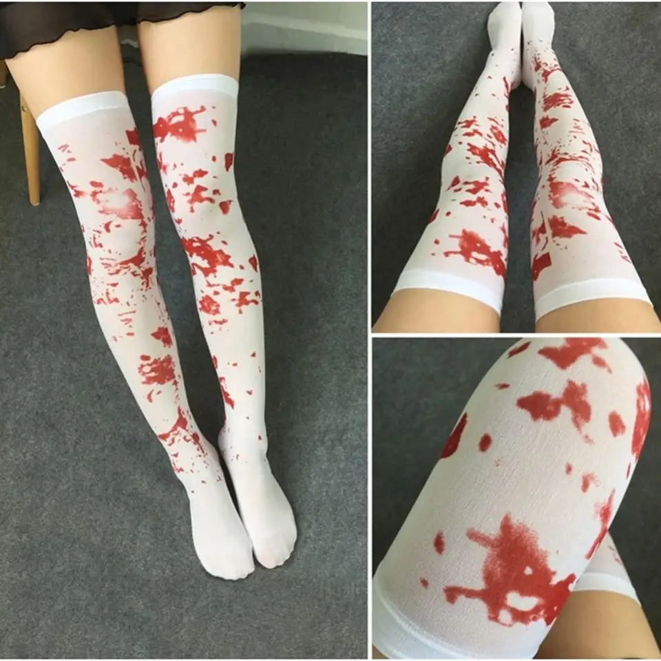 Ženy 1 pár nad kolennými ponožkami krv zafarbené krvavé ponožky Halloween Party Costy Cloth
