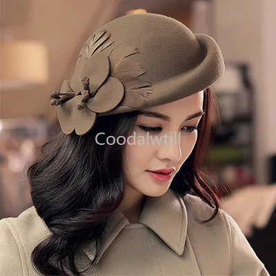 Ženy 100% vlna Felt Fedoras Zimné vintage cloche klobúk s kvetinou Up Turn Brim Bowler Pillbox Cap Party Ladies Beret Caps