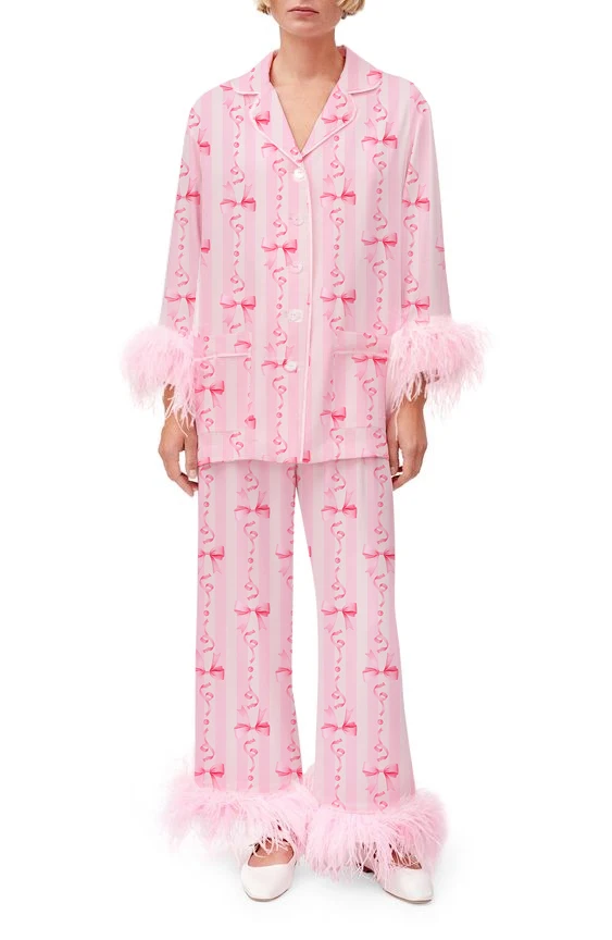 Ženy 2 -dielne pyžamy súprava pery/mašľové perie perie gombíky na gombíky Elastické nohavice pre spoločenské odevy Soft Sleewear Pyser Domov Wear