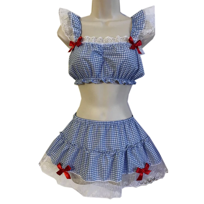 Ženy 2-dielne set luk čipky slevlesss elastické plodiny vrcholy camis + mini sukňa Cosplay Party Lolita Style Plaid Outfits