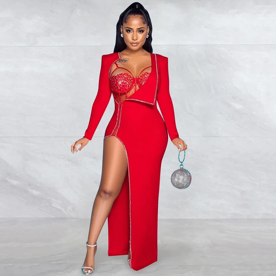 Ženy 2 kus maxi Evening Party Diamons Diamonds Lace číry sieť Bustier Bodysuit Shineston Full Ruckve High Rout Long Roup