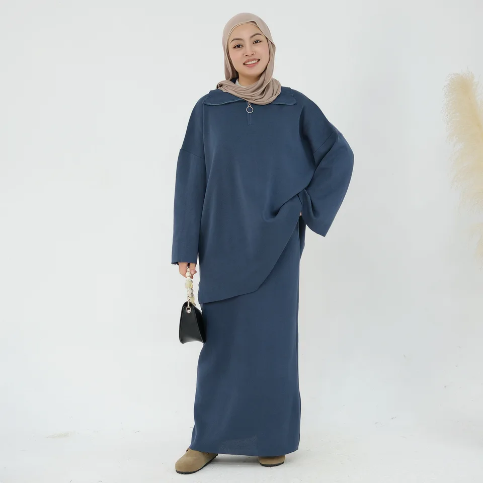 Ženy 2 -kusové sada Modest moslim teplý pletený zipsový sveter s dlhou sukňou jesenné zimné oblečenie Islam oblečenie Dubai Abaya šaty