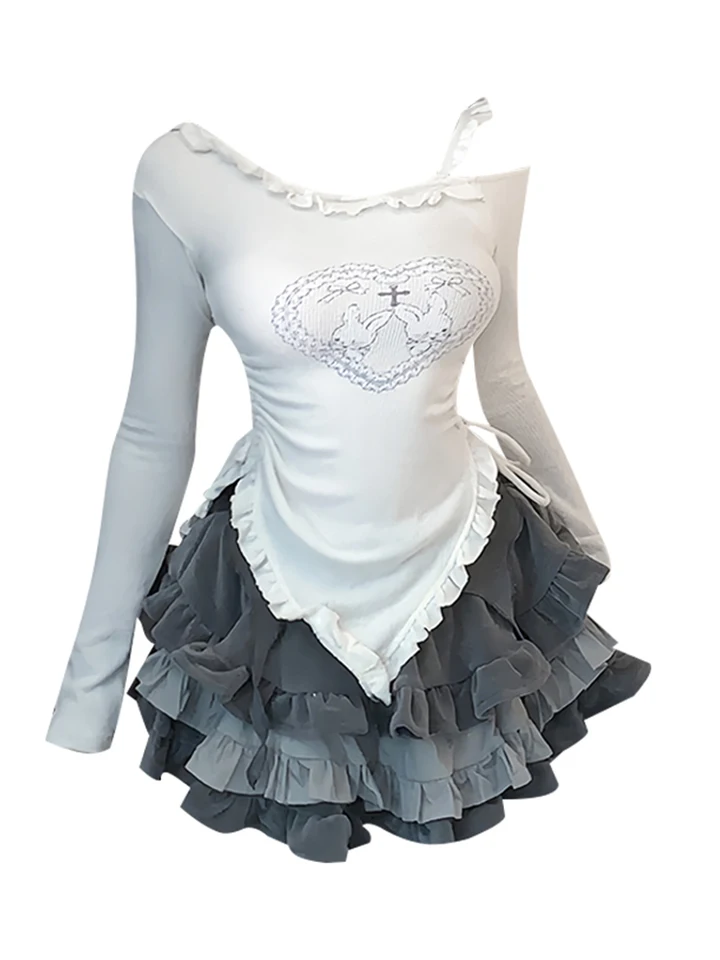Ženy 2000. roky KPOP Gyaru Kawaii Japonsko Y2K Coquette Outfits 2-Piece Set Tops s dlhým rukávom + Cutecorea-line Mini Lolita Sukňa