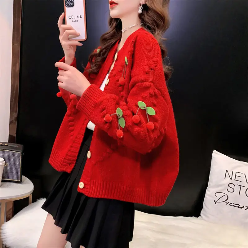 Ženy 2024 Jarná jeseň módna módna krátka úpletová sveter subjekty s dlhým rukávom Outwear Ladies 3D Cherry Loose Jackets E42