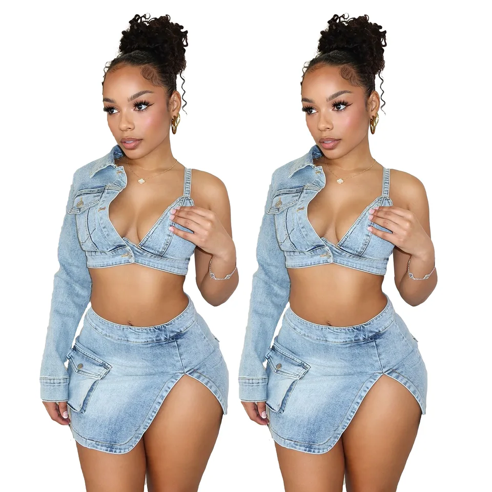 Ženy 2024 Jarné letné oblečenie Denim 2 -dielnu sukňu Trendy Jean sukňa set streetwear bunda plodiny džínsy dámske džínsové súpravy