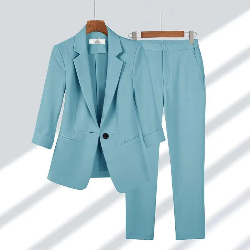 Ženy 2024 Summer Nové neformálne Blazers bunda dvojdielny oblek kórejské elegantné štíhle nohavice zodpovedajúce súpravy ženského profesionálneho oblečenia