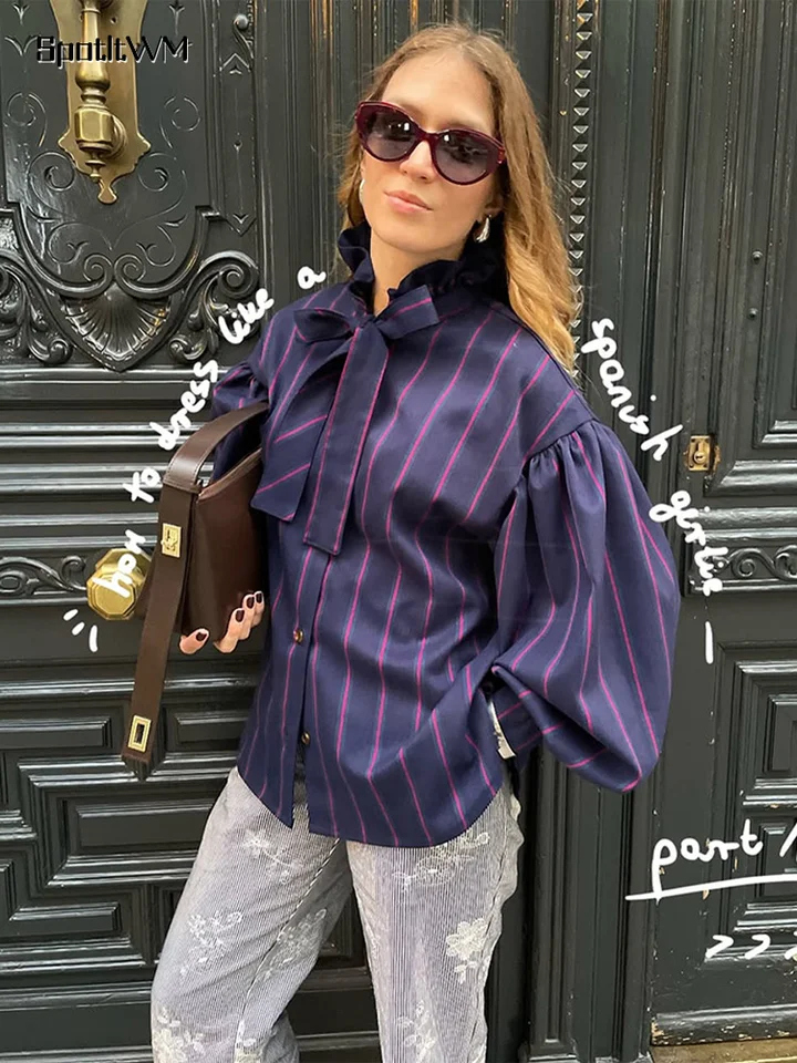 Ženy 2025 Spring Vintage Chic Striped Contrast Puff Ruckve Ruck Módne gombíky Lowt kravaty Príležitostné elegantné dámy High Street Blúzka