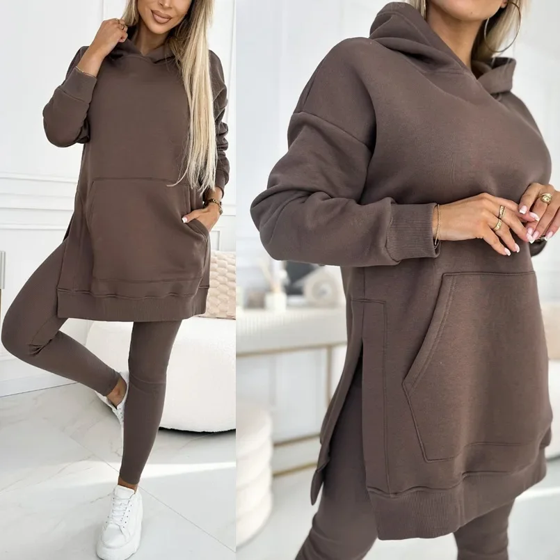 Ženy 2ks oblečenie nastavené jesenná zimná zima Solid Color Športové vrecká Sveter Zhruba a štíhle legíny nohavice