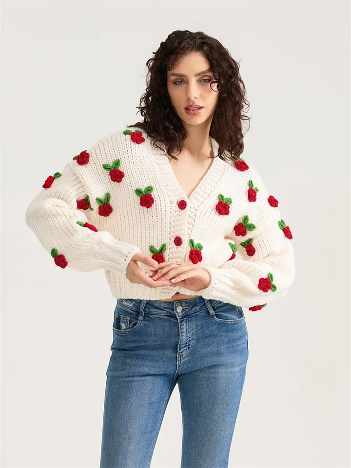 Ženy 3D kvety sveter Knit Cardigan kabát s dlhým rukávom Button Uzatvorenie Príležitostné bundy padajú zimné pletenie