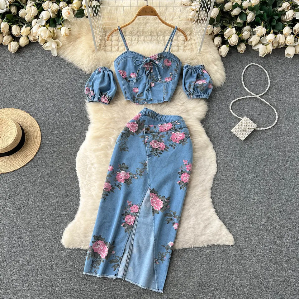 Ženy Amolapha Kvetinové tlače Denim Dva kusy súprava z ramenného ramenného pása Camisole+ rozdelené maxi sukne džínsy obleky