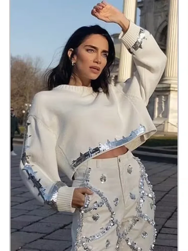 Ženy Autumn Flitry pletený sveter orezaný horný okrúhly krk s dlhým rukávom s dlhým rukávom Vonkajšie odevy dekorácie Denim Denim nohavice