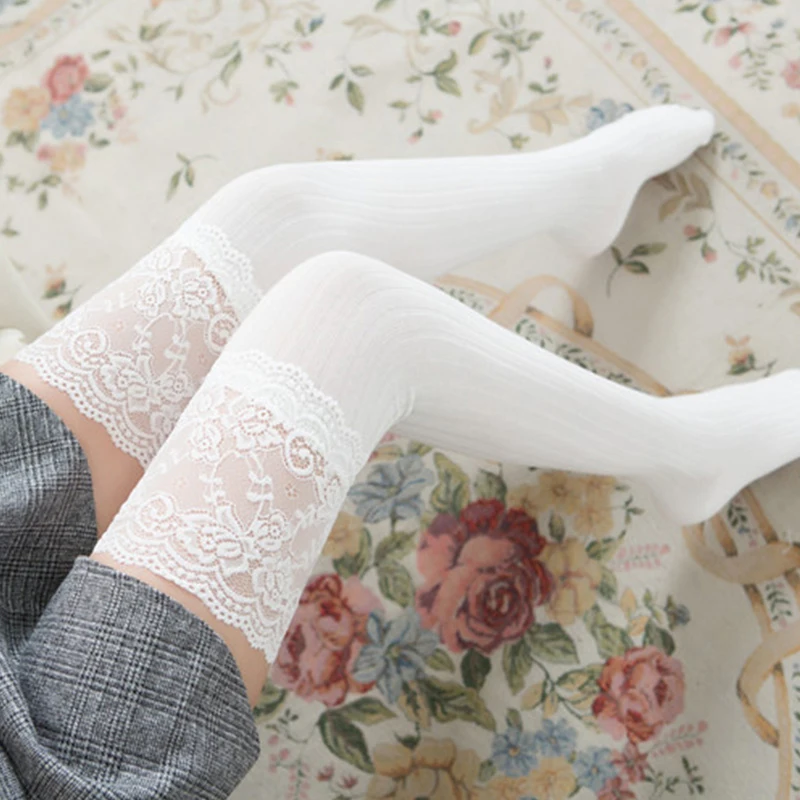 Ženy bavlnené čipky pančuchy teplé stehno vysoko nad kolennými ponožkami Dámy Zimná pevná farba sexy dlhé ponožky pre šaty JK