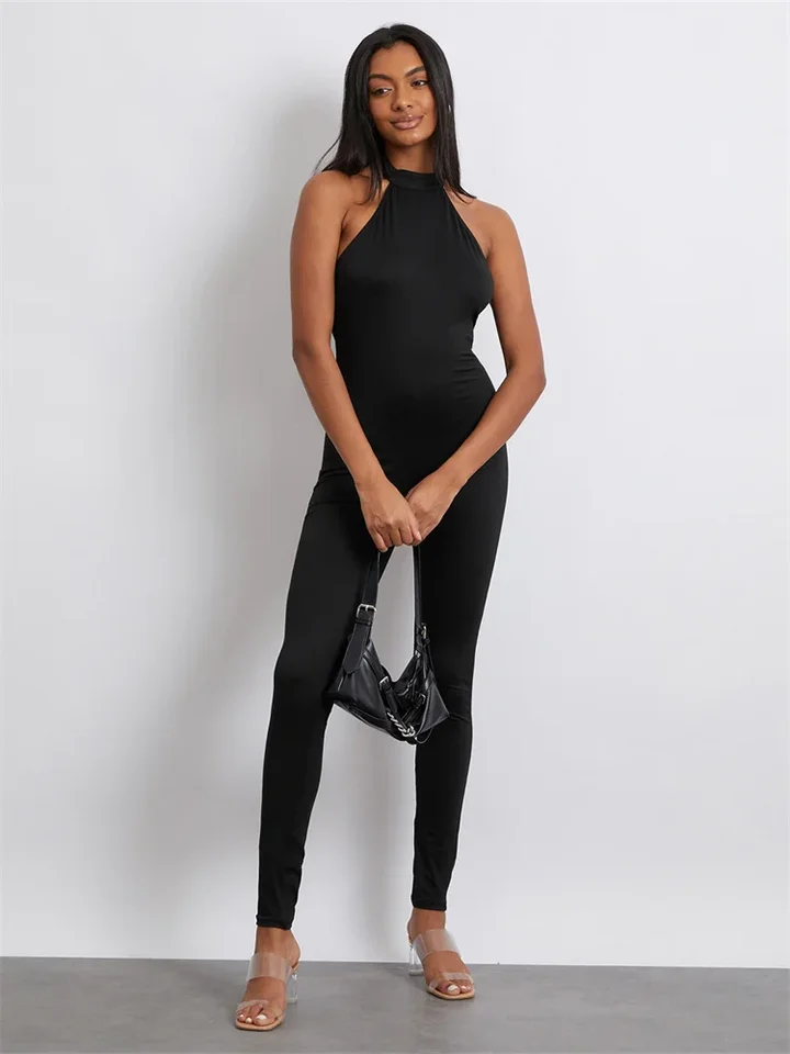 Ženy bez rukávov bez rukávov, ktorá je tuhá farba ohláňací ohláňač, backcon Bodycon Long Romper Party Club Fitness Workout Streetwear