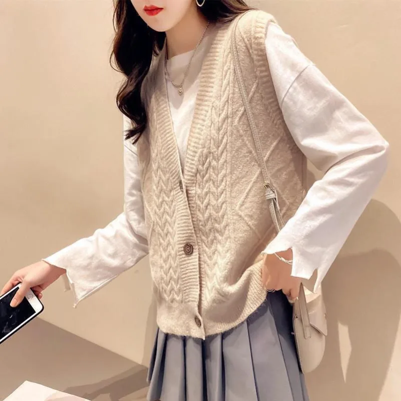 Ženy bez rukávov bez rukávov single Breasted Vintage Kawaii Outlewear Pleted Wardigan Y2K Simple Casual V krk sveter vesta voľba vesty