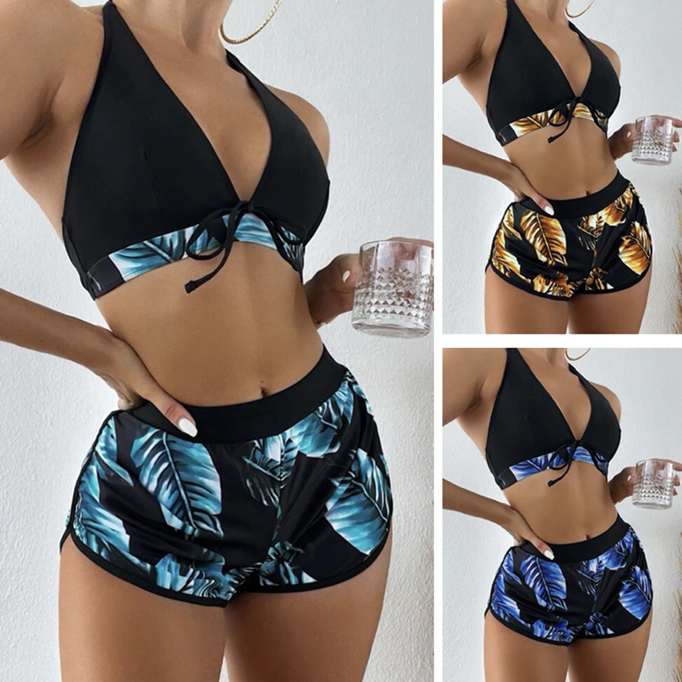 Ženy Bikini 3-kiece Set Leaf Print vysoký pás plavky čierne pozadie 7 farieb Halter Top s krátkym/kufrom veľkosti S-XXL 2024