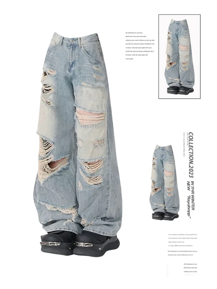 Ženy Blue roztrhané džínsy Harajuku y2k estetické vreckové džínsové nohavice Japonské 2000 -tych štýlu Punk Jean Pants Vintage Horsy Clothes