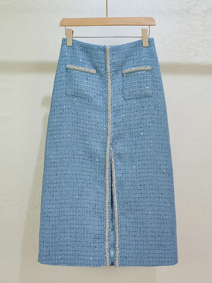 Ženy Blue Tweed Flitry Mid sukňa s vysokým pásom jar leto 2025 kamienok s korálkami dekorácie dámy temperament štrbina Jupe