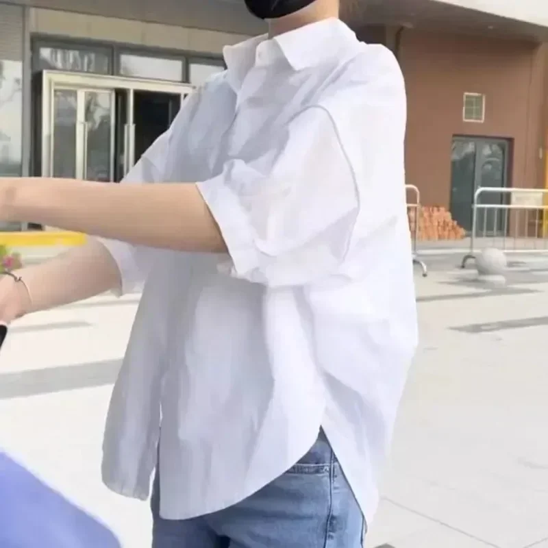 Ženy blúzky Elegantné ulice Streetwear Office Casual Loose Button Up White Blue Blue s dlhým rukávom Vintage nadmerné vrcholy košele