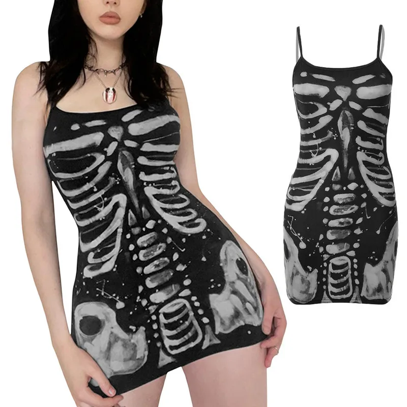 Ženy Bodycon Goth šaty letné oblečenie 2023 špagety remienok bez rukávov ľudská kosť tlačená lacné ležérne šaty klub Streetwear