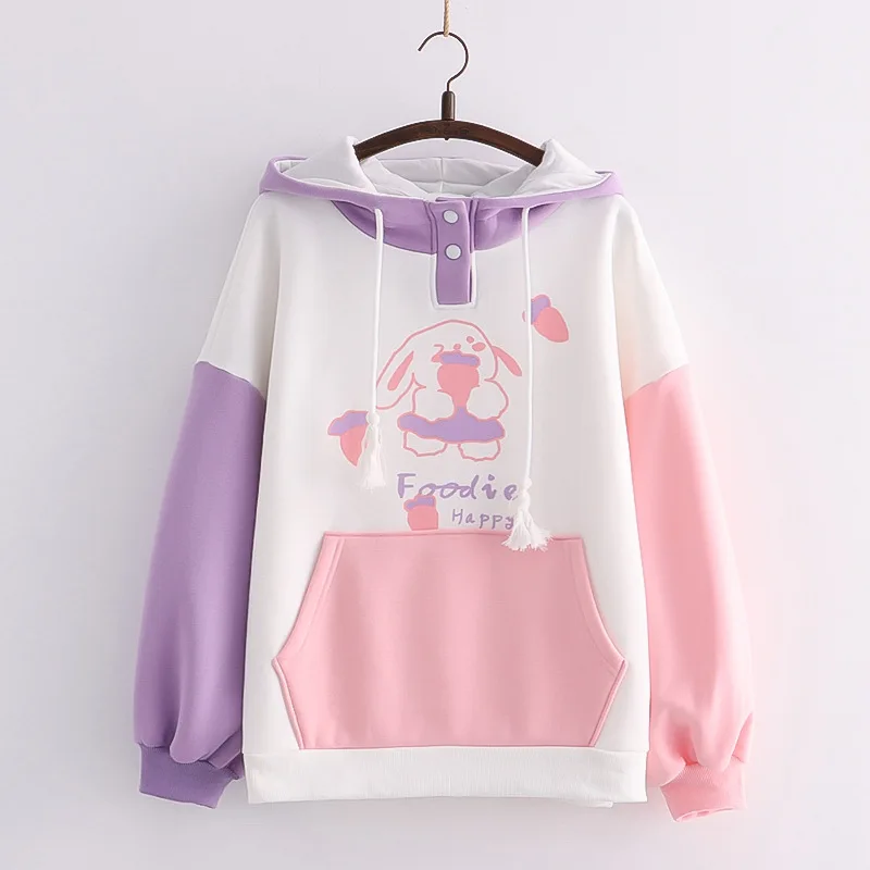 Ženy Bunny Hoodie Harajuku Kawaii Rabbit Anime Grafická mikina Teen dievčatá Zimné oblečenie ružový fial Kórejský roztomilý pulóver