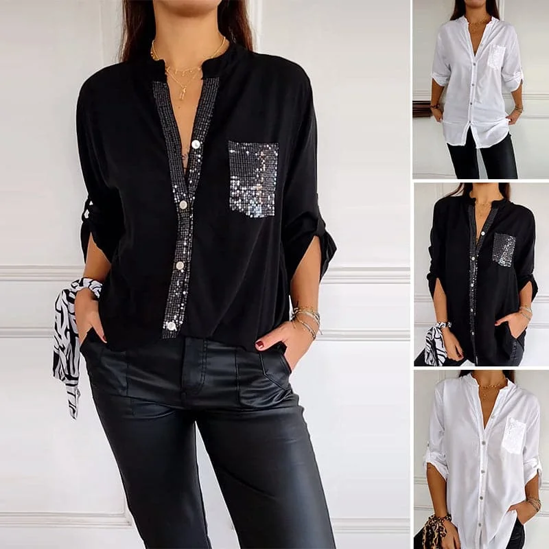 Ženy Cardigan Top košeľa dlhý stojan golier Glitter Flotter letné letné neformálne patchwork gombíky Top tričko tričko