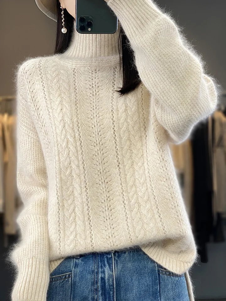 Ženy Cashmere Mock-Neck Dutlow Out Sweater Pulloves Autumn Winter 100% Mink Cashmere Castwear Husté módne oblečenie Top nových