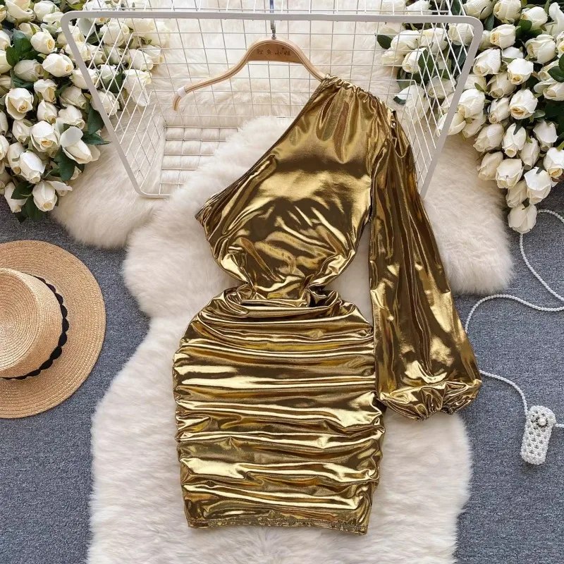 Ženy Chic Puff s dlhým rukávom Diagonálny golier asymetrické sexy tenké šaty Bodycon vintage módne módne vestido elegantné bedrové obaly
