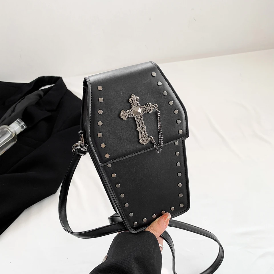Ženy Coffin satchel kabelka zips gotický crossbody remienok nastaviteľný Y2K mobilný telefón vrecko Pu koža novinka Halloween Phone Bag Bag