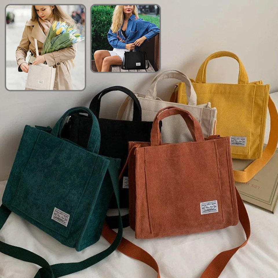 Ženy Corduroy zipsové ramenné taška samice samice bavlnené plátno Messenger taška retro vintage crossbody tašky tašky pre ženy