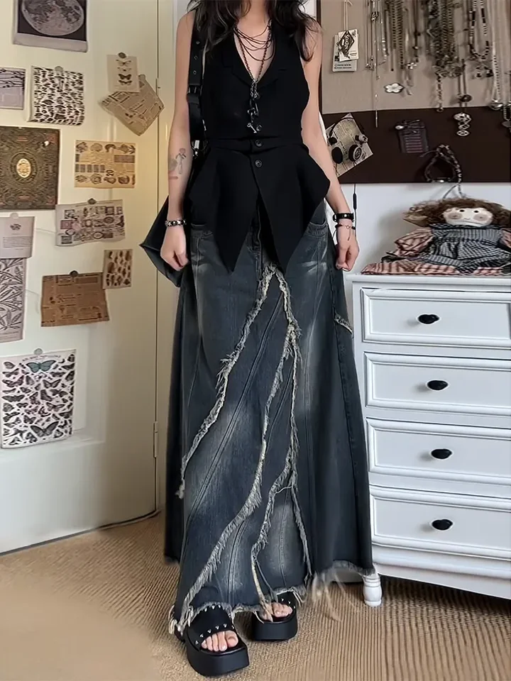 Ženy denim dlhá sukňa Harajuku y2k 2000. rokov Vintage sukne 90. rokov estetické streetwear móda Kórejský štýl A-line Jean sukňové oblečenie