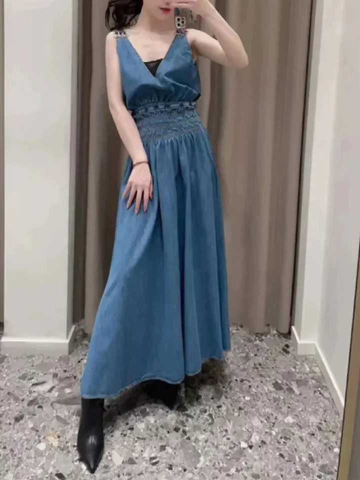 Ženy Denim Slip Dress Duste Out Blue Sexy Sexy bez rukávov V-krk Elastický pás Žena bez back-nemeckého prajeného plášťa 2024 pád