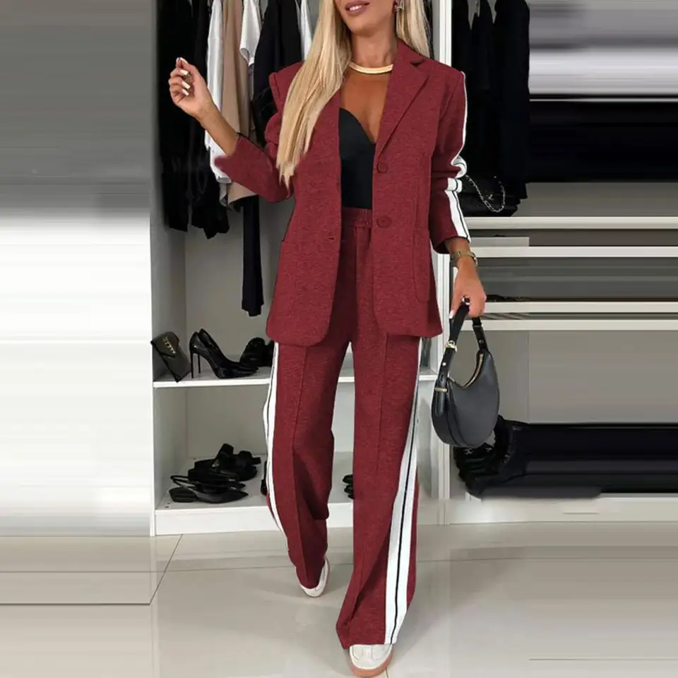Ženy dochádzajúce obleky Elegantné dámske formálne kabáty Sada s pruhovanými nohavicami so širokými nohami elegantné jednostranné bundy na denný