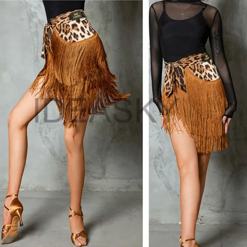 Ženy dospelé latinské tanečné sukňa Tassel Fringed Leopard Latin Dancing Suk Preprava handrika Samba Tango Cha Cha Dancing Hip Scarf nx