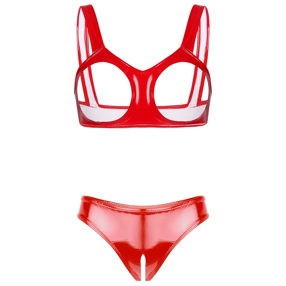 Ženy Dámy holé hrudi Sexy spodná bielizeň Set mokré vzhľad patentované kožené spodné prádlo Otvorené šálky podprsenky s rozkrokmi bez briefs clubwear