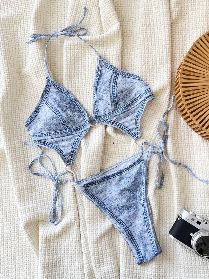 Ženy džínsové tlač kovové plavky Jeden kus halter dutého backless bikiny plavky plavky plavky na pláž plážové oblečenie BodySuit Biquini