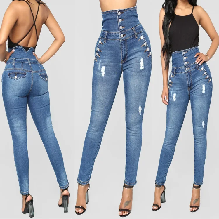 Ženy džínsy zúfalé vysoké pásové členkové nohavice dĺžky džínsové zostrihové gombíky Slimwear Slim Puseath Washing Zipper Fly