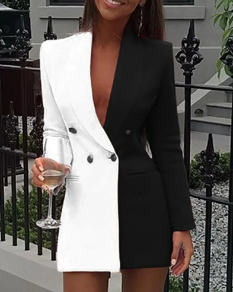 Ženy elegantná kancelária Lady Double Breasted Blazer Contrast Color Patchwork Vintage Coat s dlhým rukávom Dámske dámske vonkajšie oblečenie 2024 Nové vrcholy