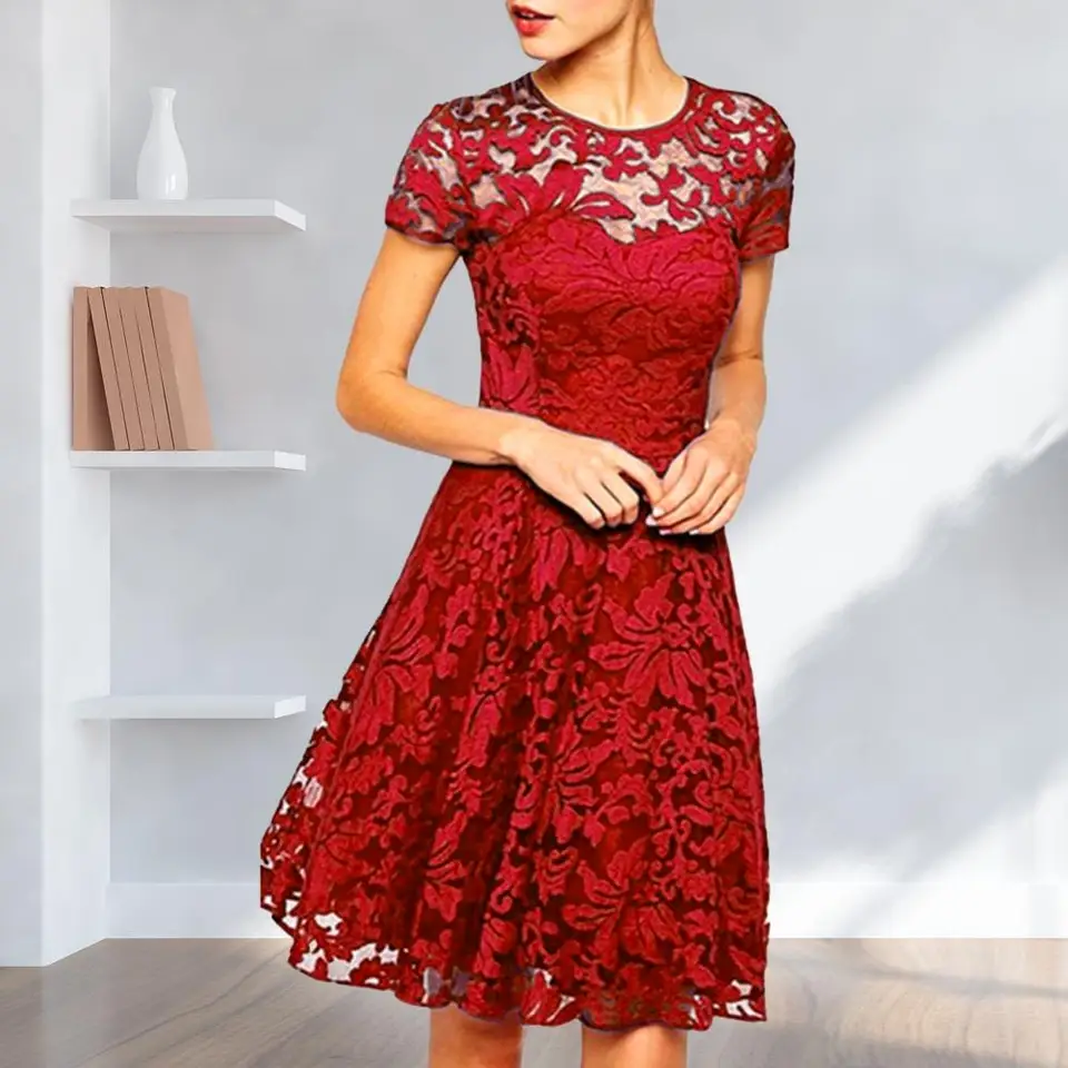 Ženy elegantné dutiny out out lace šaty kancelária letné pevné o-krk gombíky Up Sashes midi šaty ženské elegantné šaty s krátkym rukávom