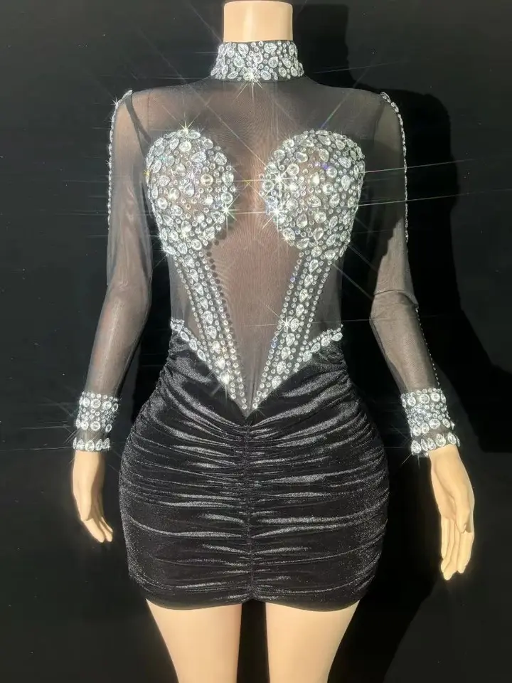 Ženy Elegantné krátke večierky Luxusné sexy Priehľadné sieťové diamanty celebrity promary kokteilové šaty na špeciálne podujatia