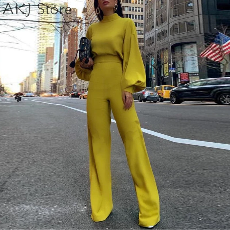 Ženy elegantné móda štíhle fit žltá široká široká noha Príležitostné kombinézy Look Office Práca Lucerna rukávy Mock Necksuits