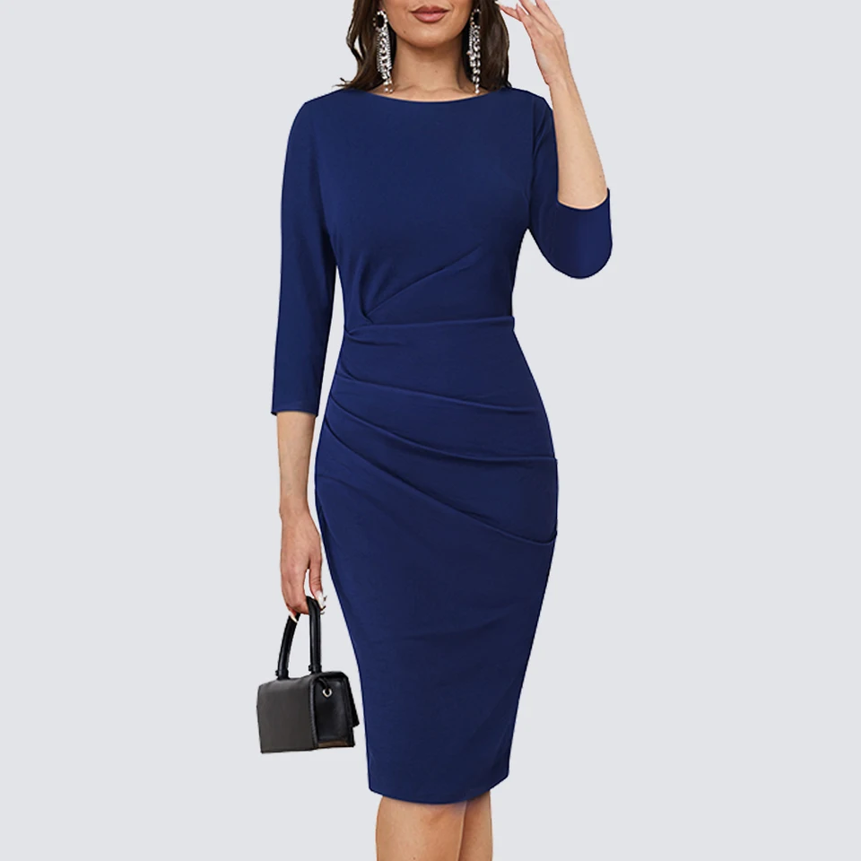 Ženy elegantné očarujúce okrúhly krk 3/4 rukávy ručené dámy Bodycon Office Cencil Coence Dress HB717