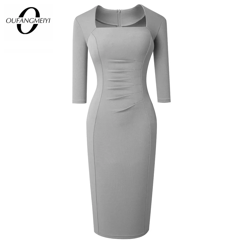 Ženy elegantné očarujúce čisto farbu 3/4 rukávový štvorcový obojok s ceruzkou Bodycon Cencil EB688